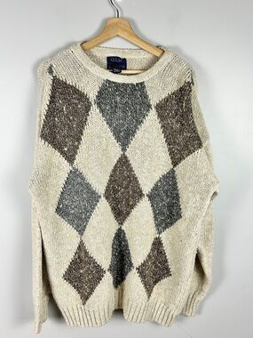 VINTAGE 90s Y2K Argyle Knit Sweater Men's XL Cotton Chunky Golf Academic Preppy